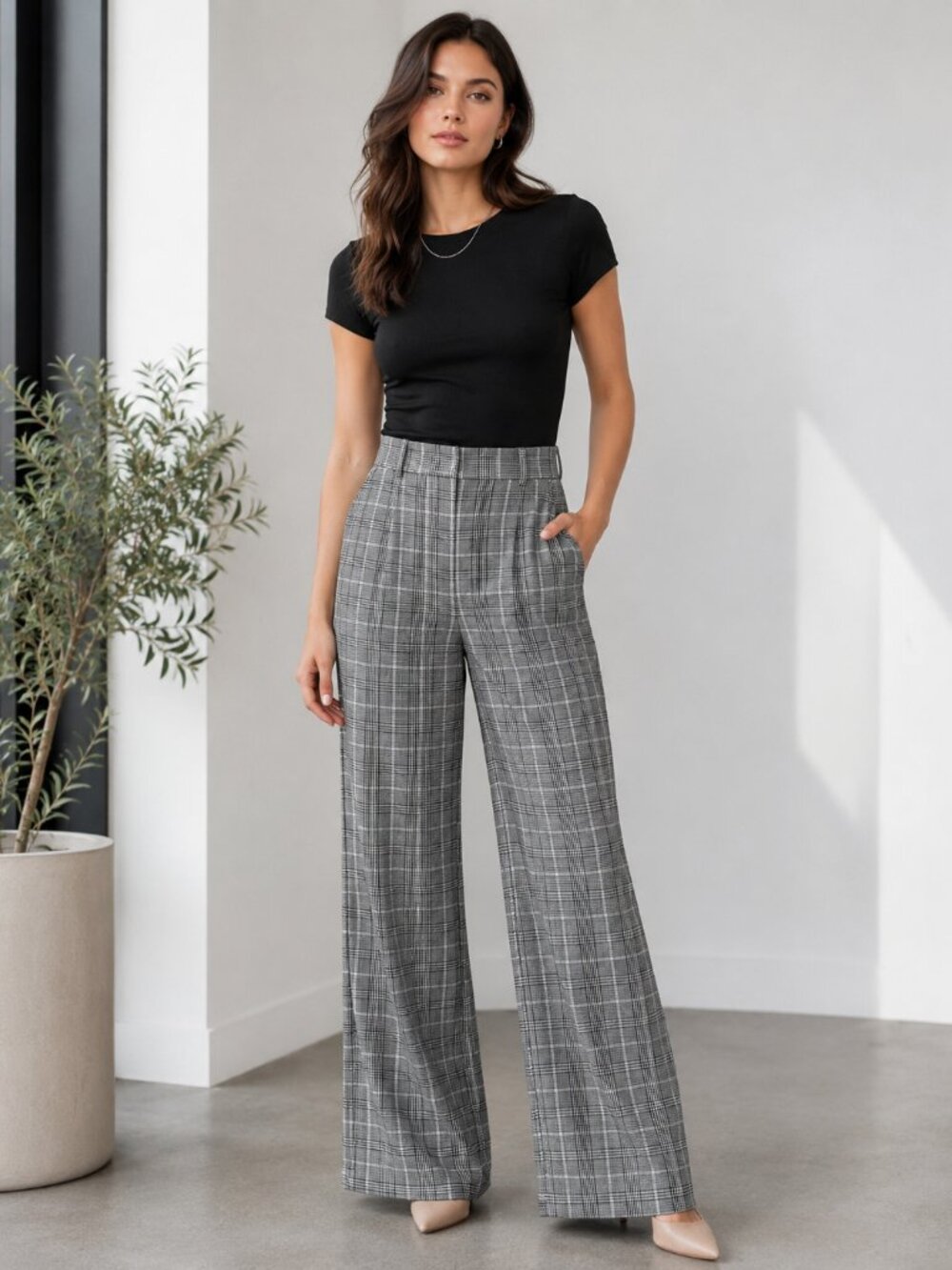Express Editor Plaid Wide Leg Dress Pants Size 6R Gray Black Trousers